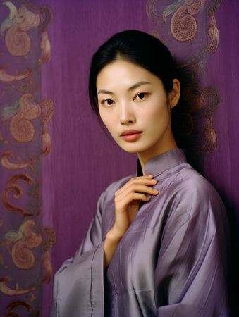 Portrait of a beautiful Asian woman in a purple blouse.の素材