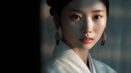 Portrait of a beautiful asian woman in white dress with earringsの素材
