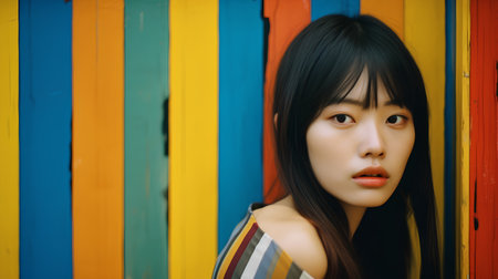Portrait of a beautiful asian girl on colorful wooden background.の素材