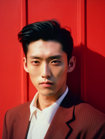 Portrait of handsome asian man in suit on red wall backgroundの素材