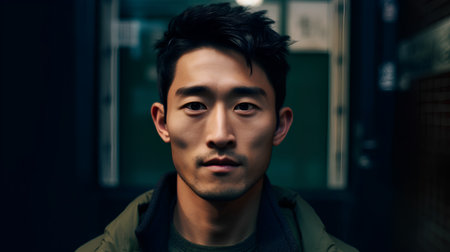 Portrait of handsome asian man looking at camera in city.の素材