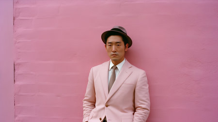 Portrait of a man in a hat on the background of a pink wallの素材