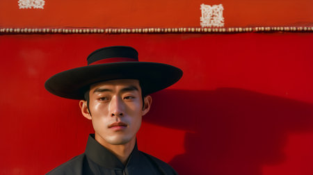 Portrait of a handsome asian man wearing black hat with red wall backgroundの素材