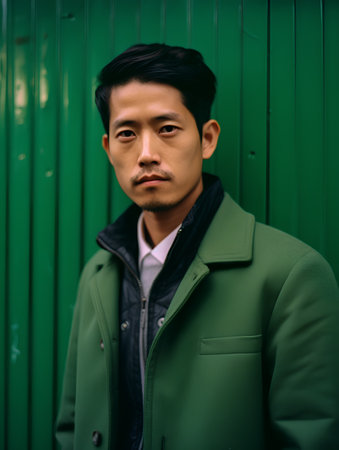 Portrait of a handsome asian man in a green coat.の素材