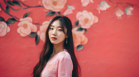 Portrait of a beautiful asian woman with red lips and long hair.の素材