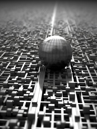 Black and white 3D image of a disco ball over a circuit boardの素材
