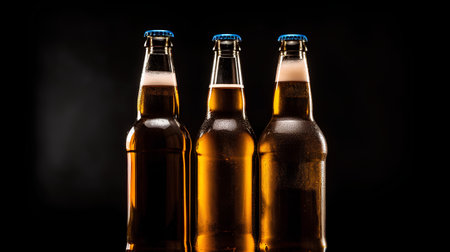 Beer bottles on a black background. Beer bottle with drops of water.の素材