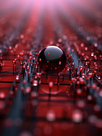 Abstract 3d illustration of a red circuit board with a black sphereの素材
