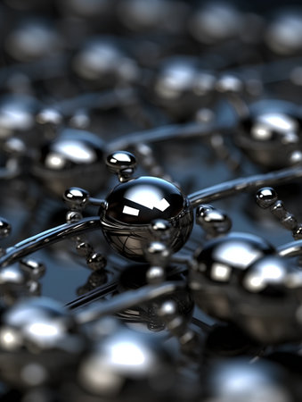 abstract 3d illustration of metal and glass spheres over dark backgroundの素材