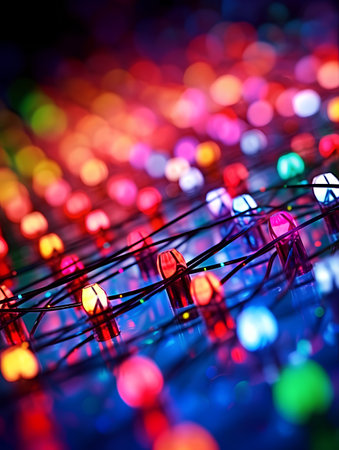 Close up of colorful LED lights on black background with bokeh effectの素材