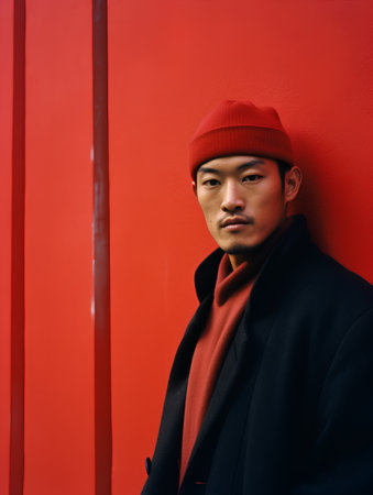 Portrait of a handsome asian man in black coat and red hat standing against red wallの素材