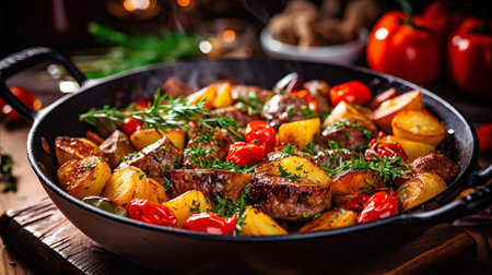 Fried meat with potatoes and tomatoes in a pan on a wooden backgroundの素材