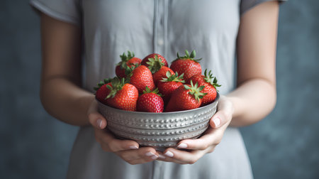 Young woman holding a bowl of fresh strawberries on a gray background.の素材