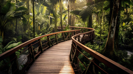 Wooden bridge in tropical rainforest. Bali island, Indonesiaの素材