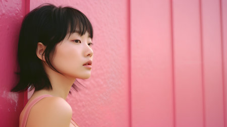 Portrait of a young beautiful asian woman with pink wall backgroundの素材