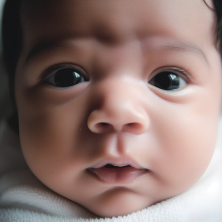 Portrait of cute little asian baby boy with blue eyes.の素材