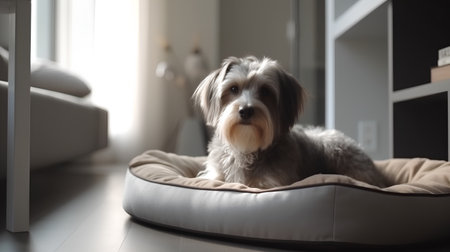 Cute Yorkshire Terrier lying on a sofa in the living roomの素材