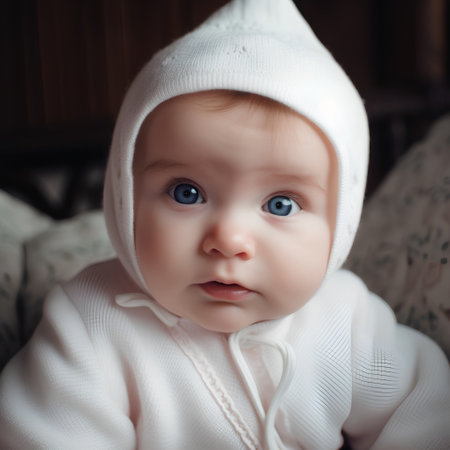 Cute little baby girl with blue eyes in white sweater and hatの素材