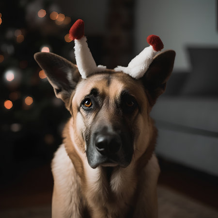 Portrait of a German shepherd dog wearing Santa Claus hat at homeの素材