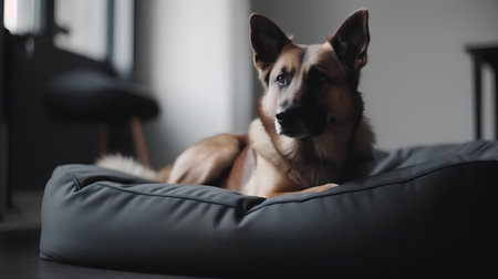 German shepherd dog lying on a pouf in the room at homeの素材