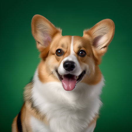 Portrait of Welsh Corgi Pembroke on green backgroundの素材