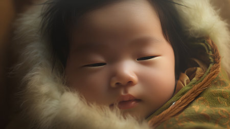 Portrait of a cute little Asian girl sleeping on a fur blanketの素材