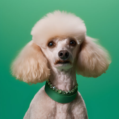 Portrait of a poodle with green collar on a green backgroundの素材