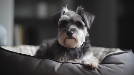 miniature schnauzer dog sitting on a sofa at homeの素材