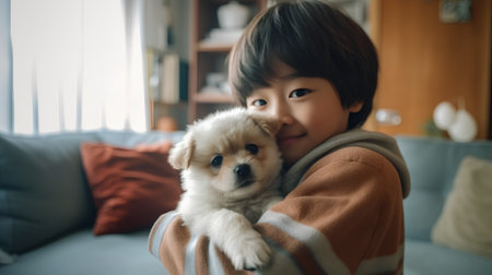 Cute asian little boy with puppy on sofa at home.の素材