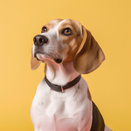Portrait of Beagle dog isolated on yellow background. Studio shot.の素材