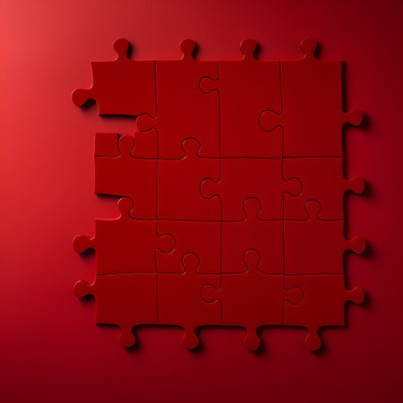 Red puzzle pieces on a red background. 3d render illustration.の素材