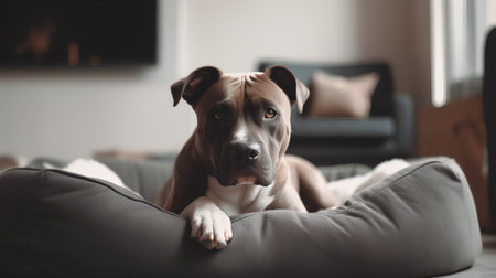 Portrait of a cute American Staffordshire Terrier lying on a sofa at homeの素材