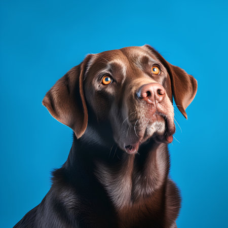 Studio portrait of a chocolate labrador retriever dog on blue backgroundの素材