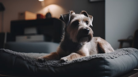 Cute yorkshire terrier lying on a pillow in the roomの素材