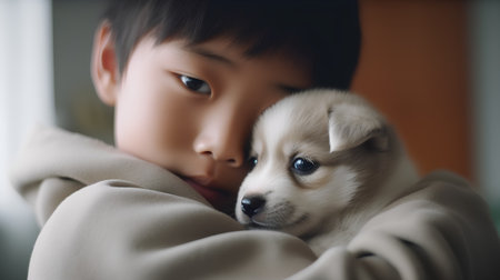 Cute asian little boy playing with his puppy at home.の素材
