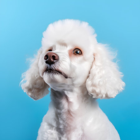 Studio shot of a cute white poodle dog, isolated on blue background.の素材