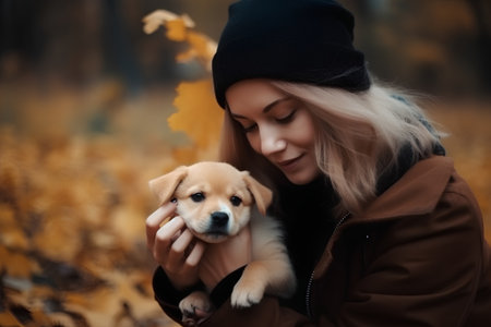 Young woman with cute puppy in autumn park. Selective focus.の素材