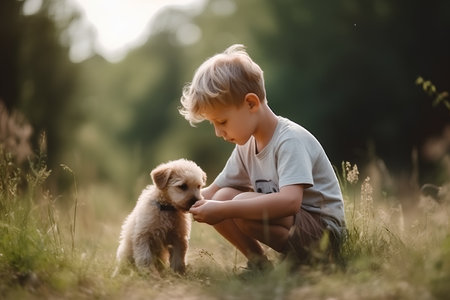 Cute little boy playing with puppy on the meadow in summerの素材