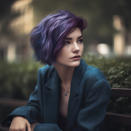 Portrait of a beautiful young woman with purple hair in the cityの素材