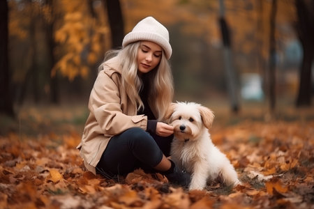 Beautiful young woman with her dog in the park at autumn timeの素材