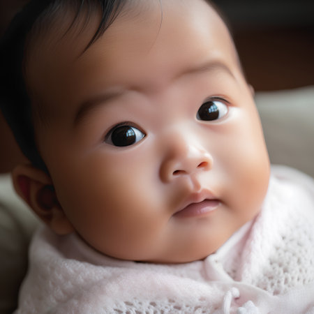 Cute asian baby looking at camera, shallow depth of fieldの素材