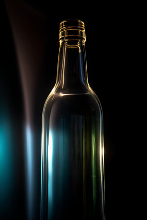Empty glass bottle on a black background with a blue light and smokeの素材