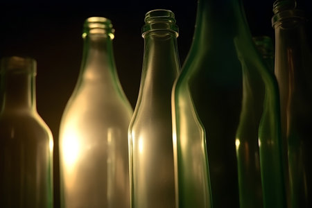 close up of a group of empty wine bottles on a dark backgroundの素材