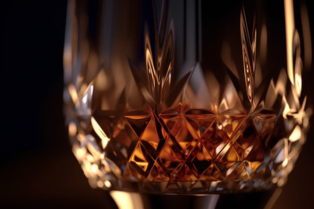 Close-up image of a crystal wineglass with golden pattern.の素材