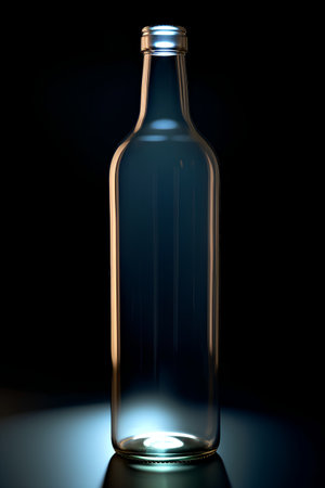 Empty transparent glass bottle on black background. 3d render illustration.の素材