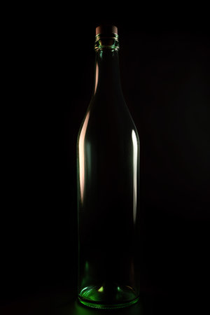 Empty glass bottle on a black background. 3d render illustration.の素材