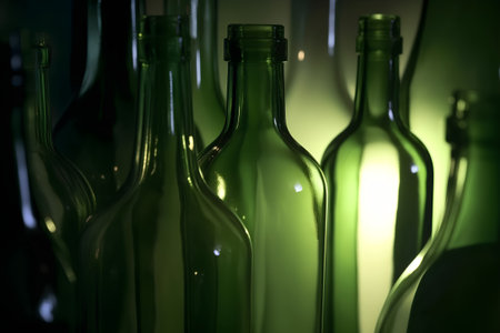 close up of a row of empty bottles on a dark green backgroundの素材