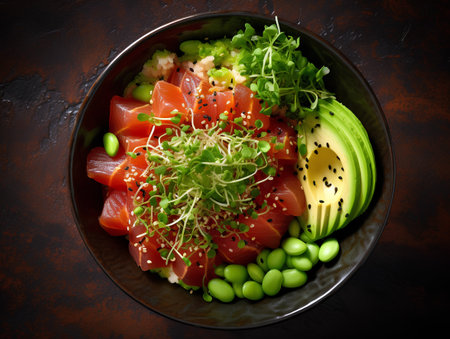 Hawaiian salmon poke bowl with avocado, sesame seeds, microgreens and avocado. Top viewの素材