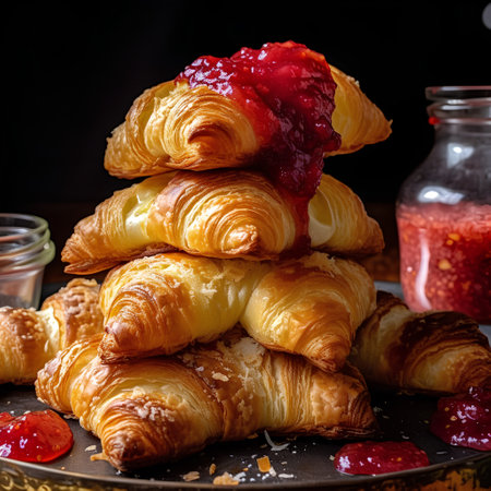Freshly baked croissants with strawberry jam on a black backgroundの素材