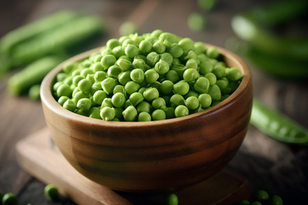 Green peas in a wooden bowl on a wooden background. Selective focus.の素材